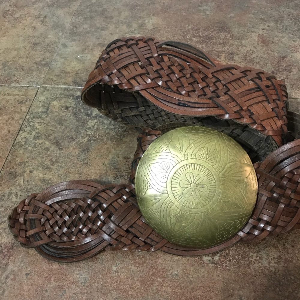 Brown braided belt Gold floral mandala buckle